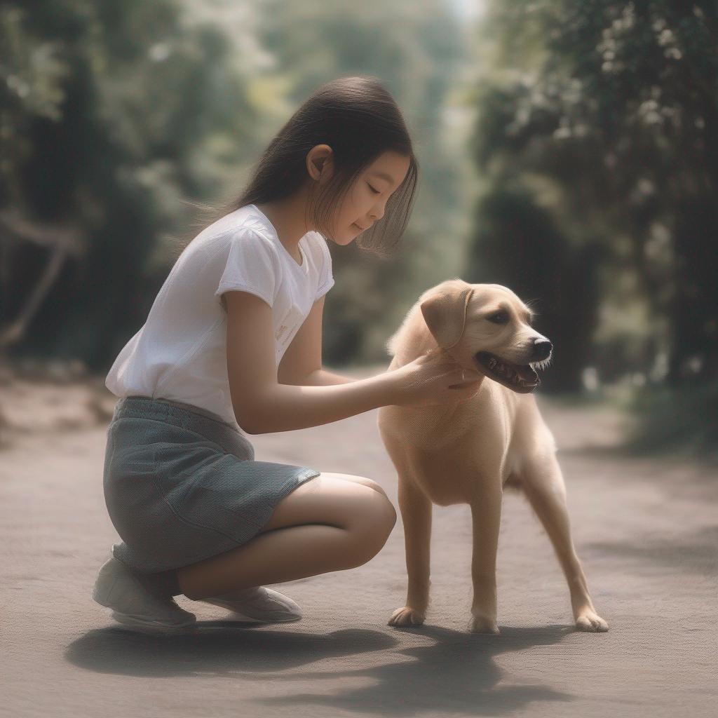 A girl playing with dog